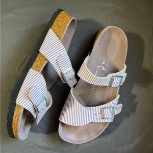 Birkenstock Birki’s Two Strap Lavender Purple & White Stripes Sandals